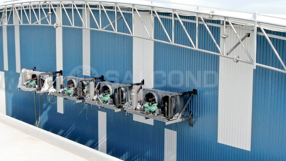 A modern, energy-efficient refrigeration system in a commercial cold storage facility, designed for optimal cooling performance and reduced energy consumption.